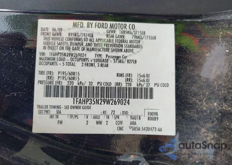 2009 Ford Focus Se из США, поврежденный, VIN 1FAHP35N29W269024